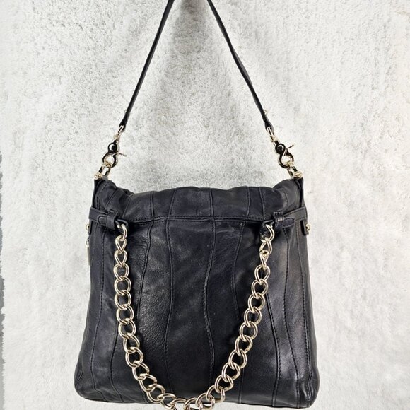 JUNIOR DRAKE Black Lambskin Leather Shoulder Bag with Gold Chain Accent Straps - Picture 2 of 15
